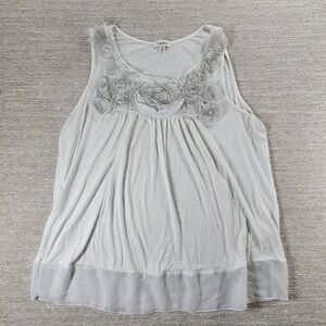 Espresso Tank Top 2X White Rayon Sleeveless Embellished Rosettes Chiffon Hem